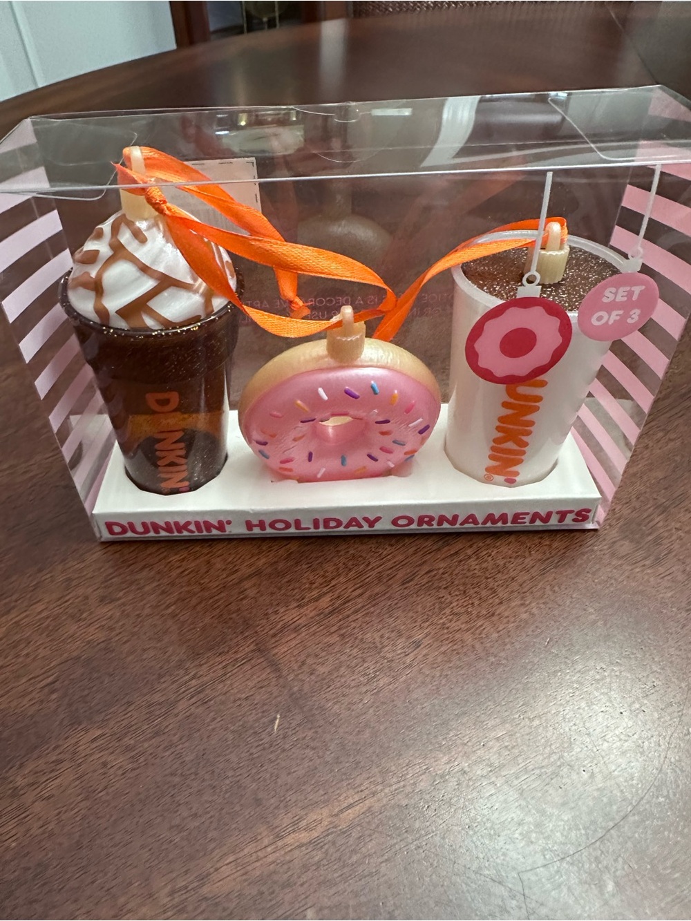 NEW Dunkin' Set of 3 Holiday Ornaments Pink Donut & Orange Coffee Drinks
